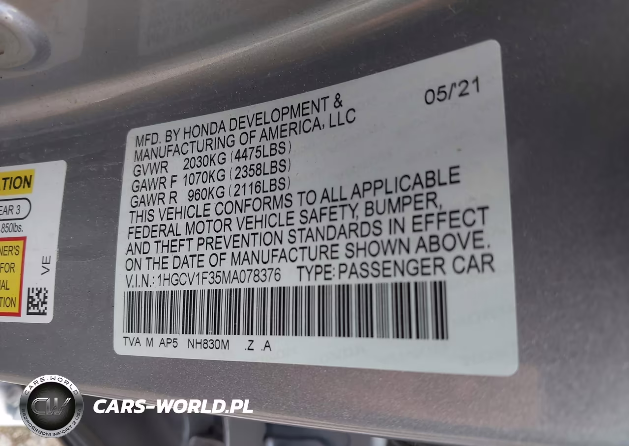 2021 Honda Accord Sport VIN:1HGCV1F35MA078376 - 9