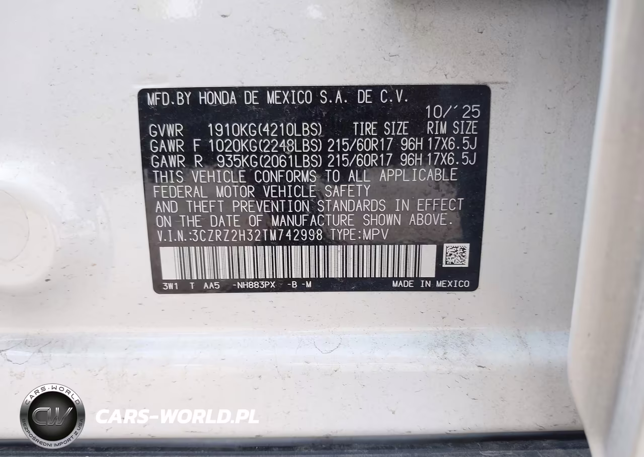 2026 Honda Hr-V Awd Lx VIN:3CZRZ2H32TM742998 - 9