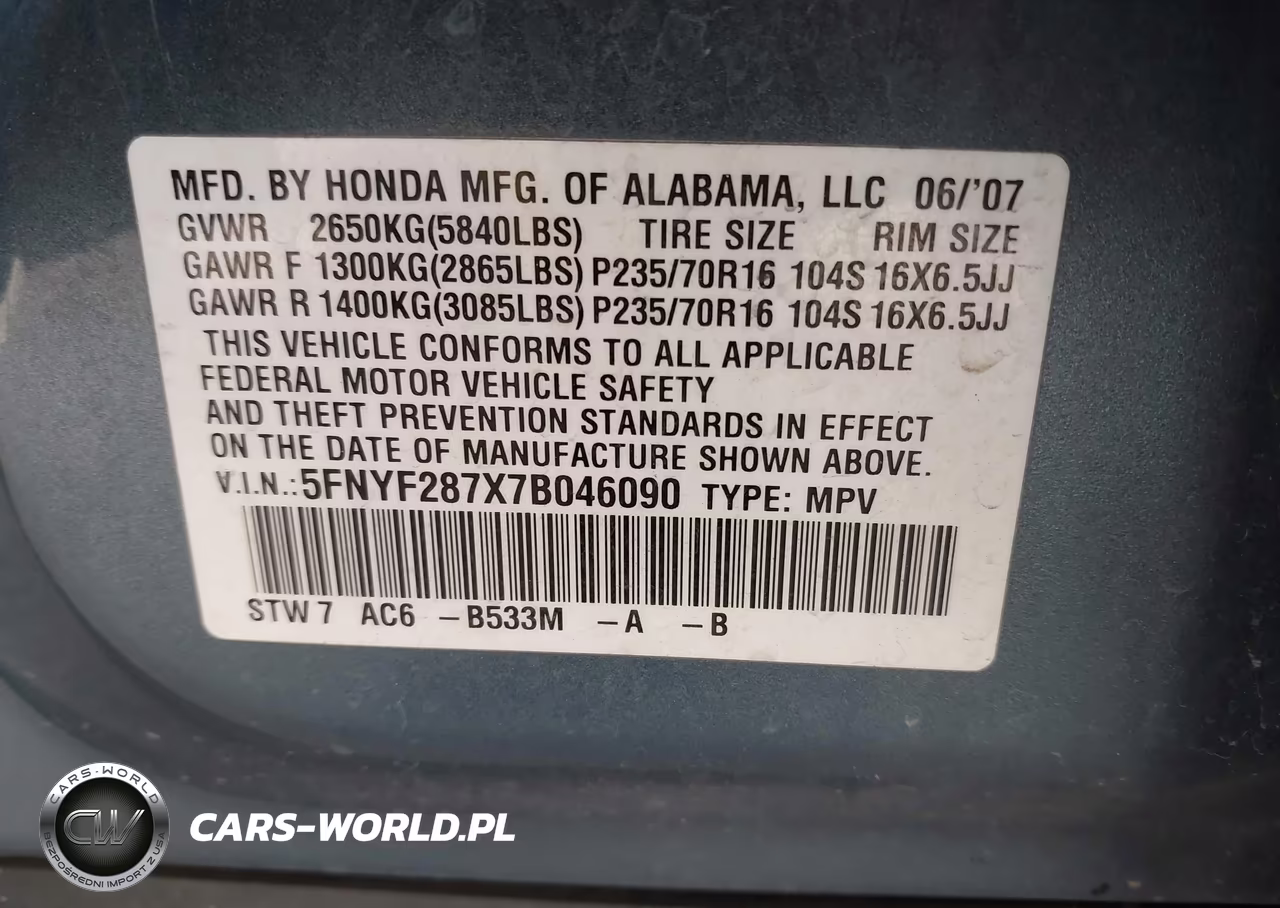2007 Honda Pilot Ex-L VIN:5FNYF287X7B046090 - 9