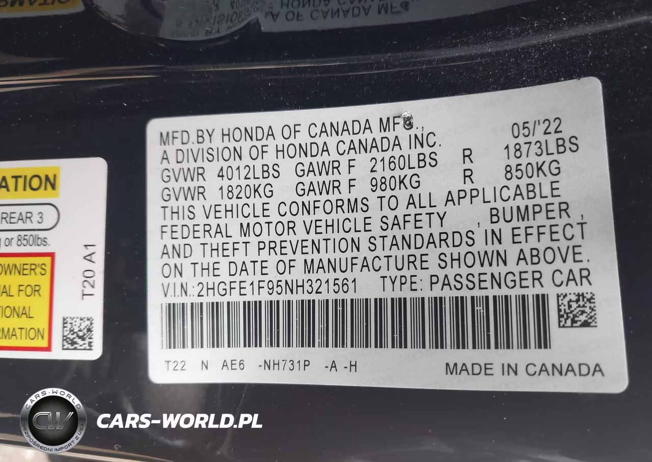 2022 Honda Civic Touring VIN:2HGFE1F95NH321561 - 9