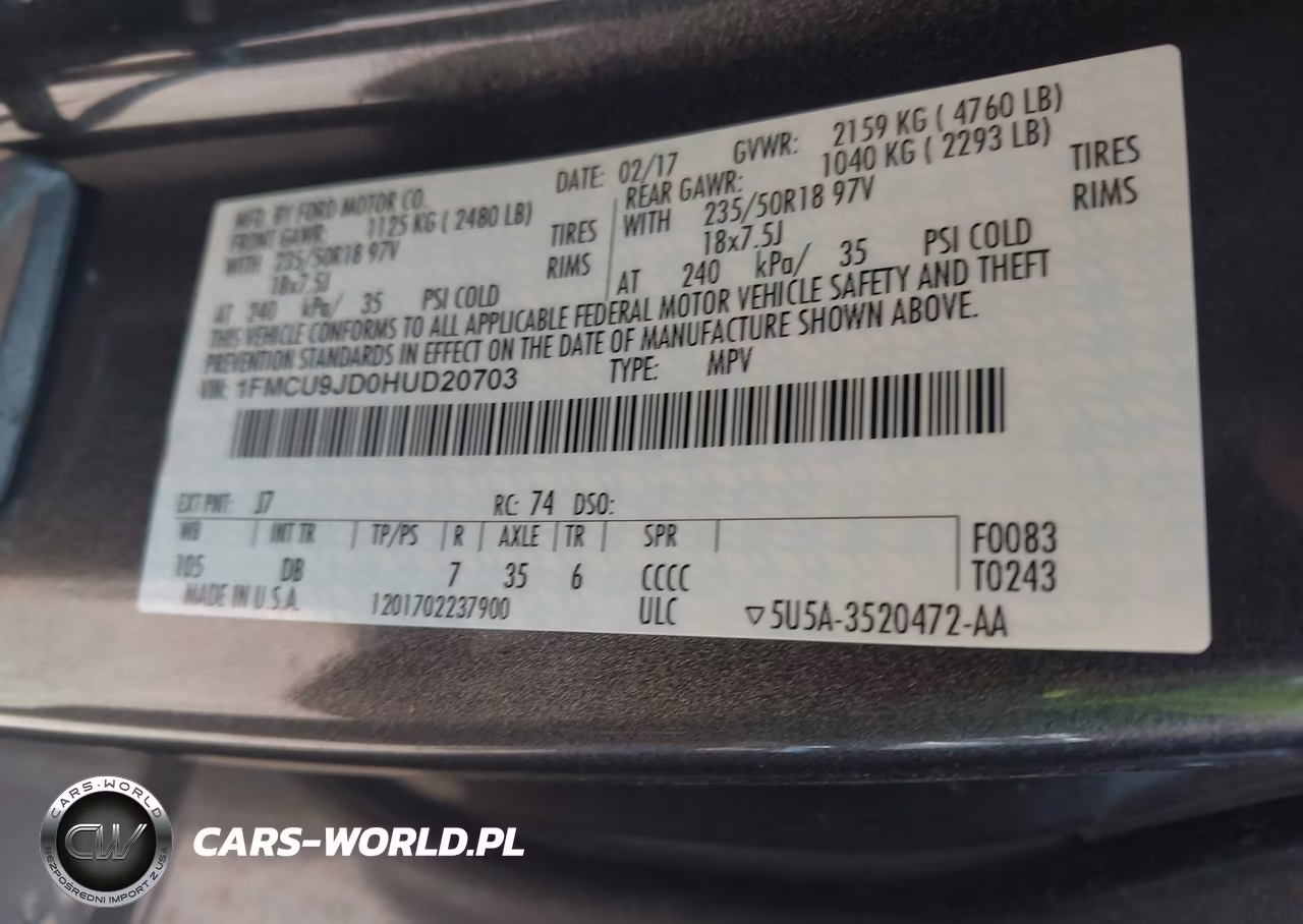 2017 Ford Escape Titanium VIN:1FMCU9JD0HUD20703 - 9