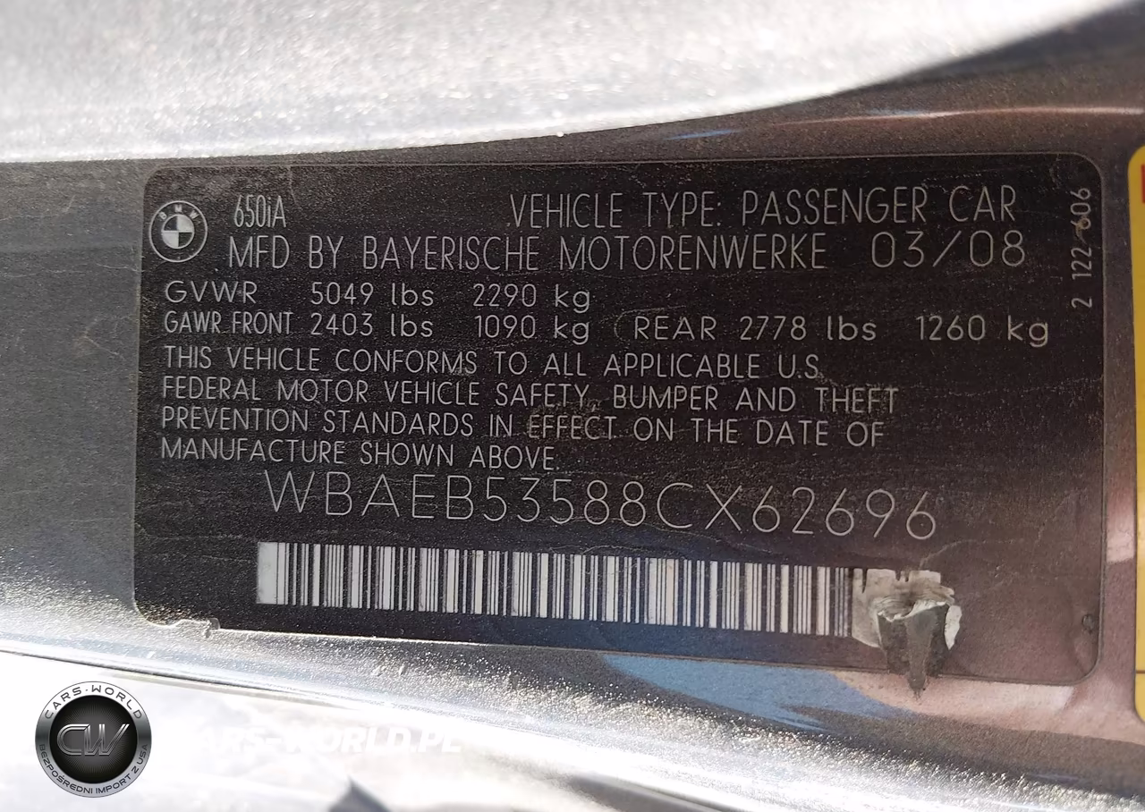 2008 BMW 650I VIN:WBAEB53588CX62696 - 9