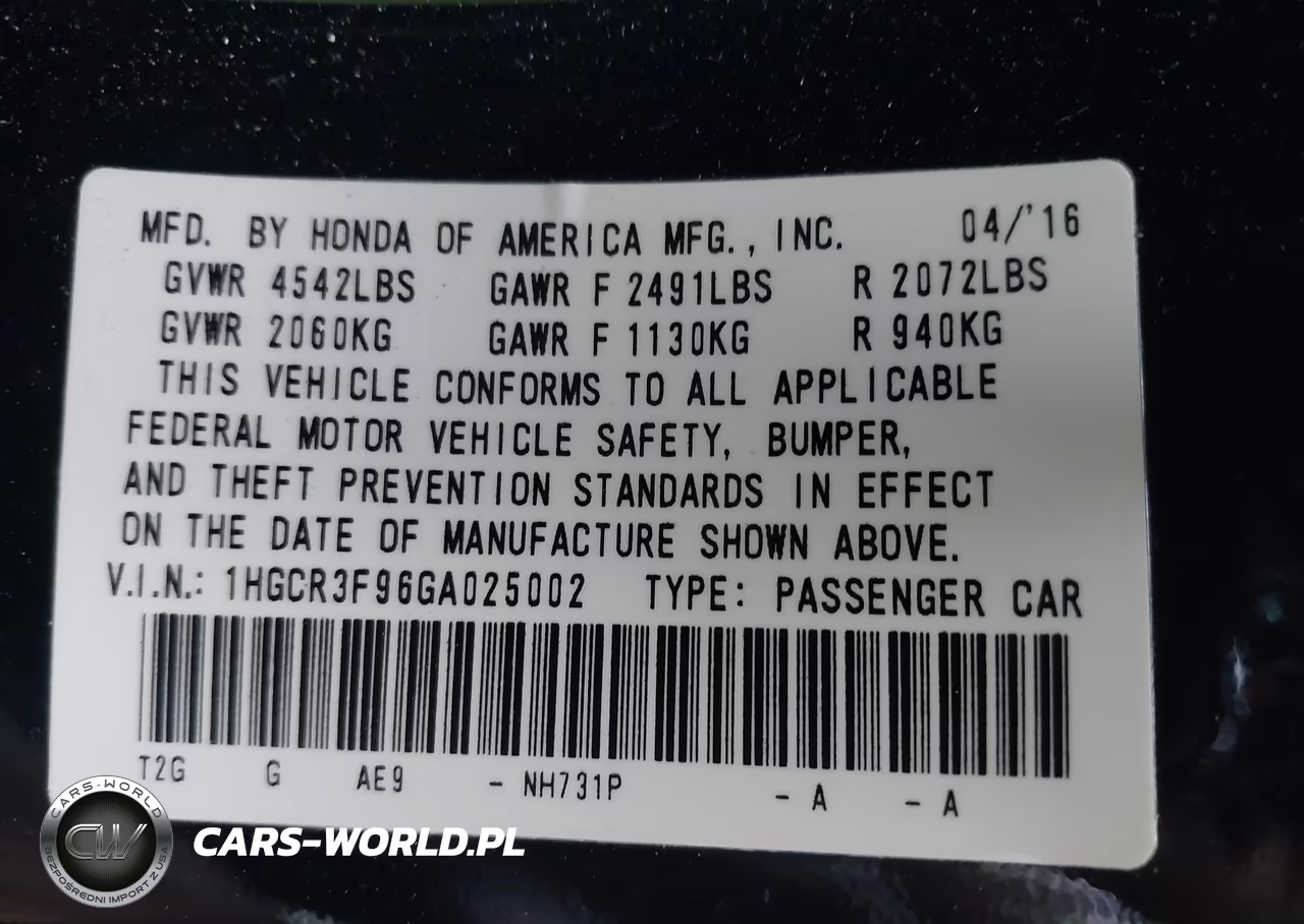 2016 Honda Accord Touring VIN:1HGCR3F96GA025002 - 9