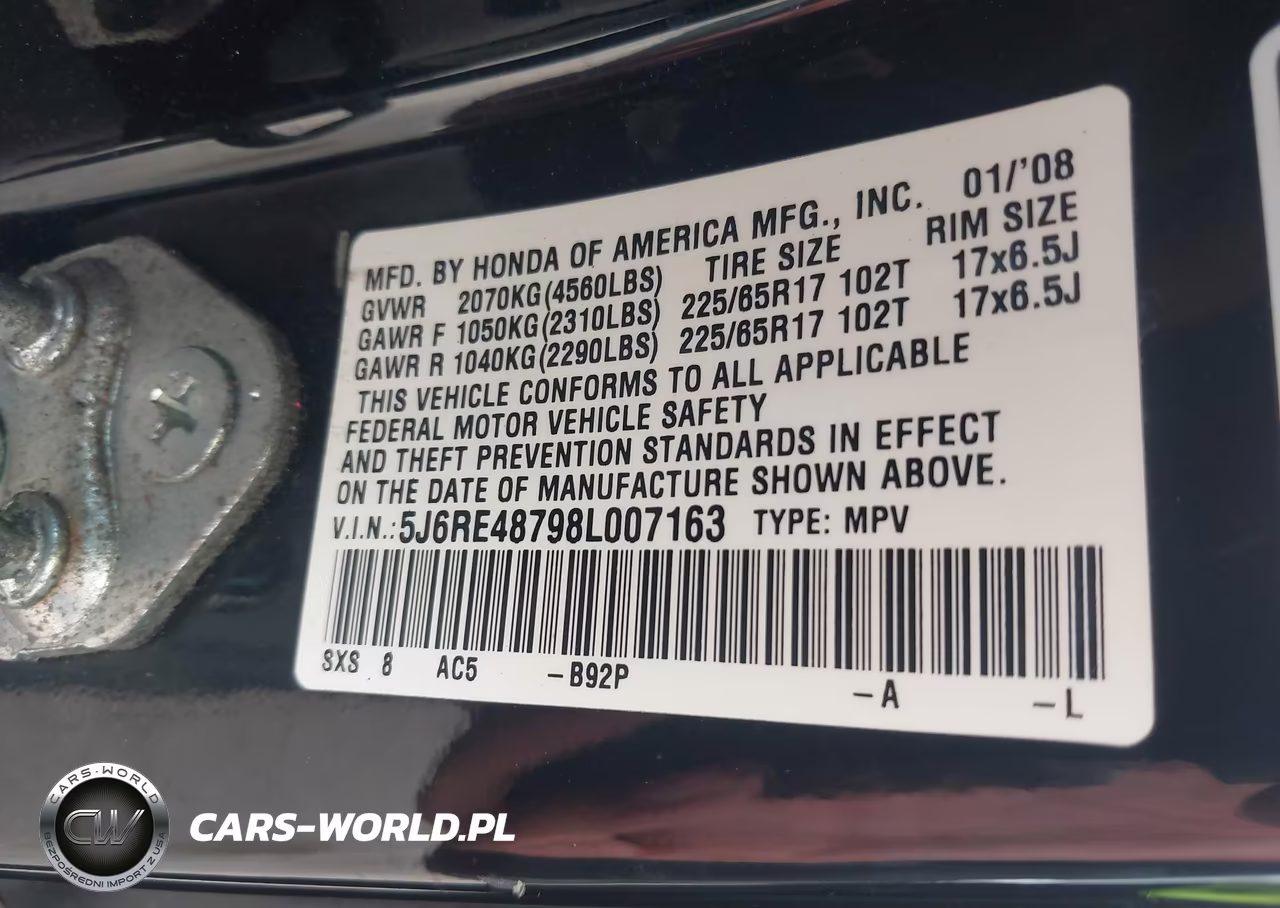2008 Honda Cr-V Ex-L VIN:5J6RE48798L007163 - 9