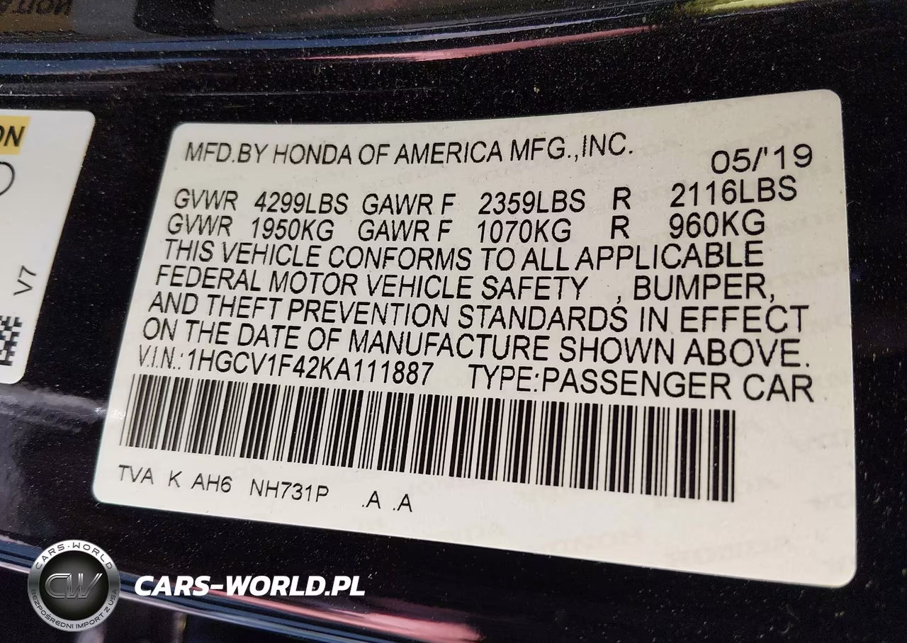 2019 Honda Accord Ex VIN:1HGCV1F42KA111887 - 9