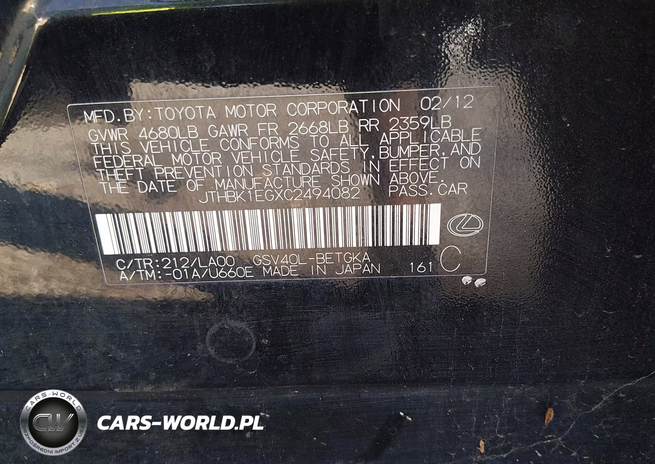 2012 Lexus Es 350 VIN:JTHBK1EGXC2494082 - 9