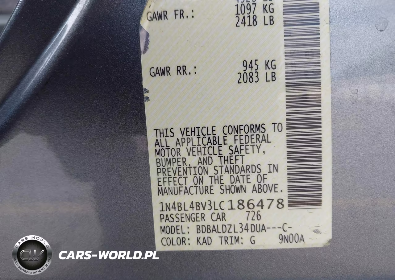 2020 Nissan Altima S Fwd VIN:1N4BL4BV3LC186478 - 9