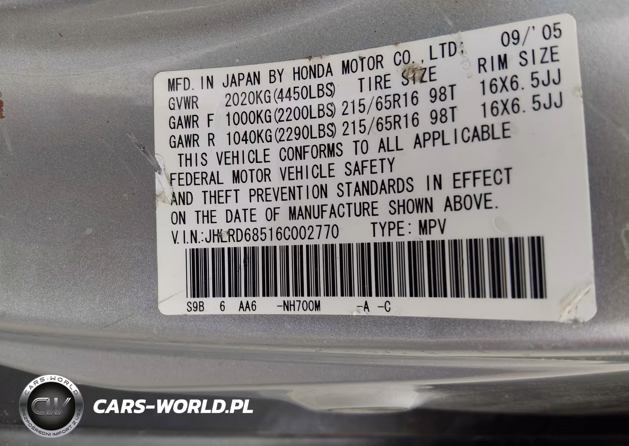 2006 Honda Cr-V Lx VIN:JHLRD68516C002770 - 9