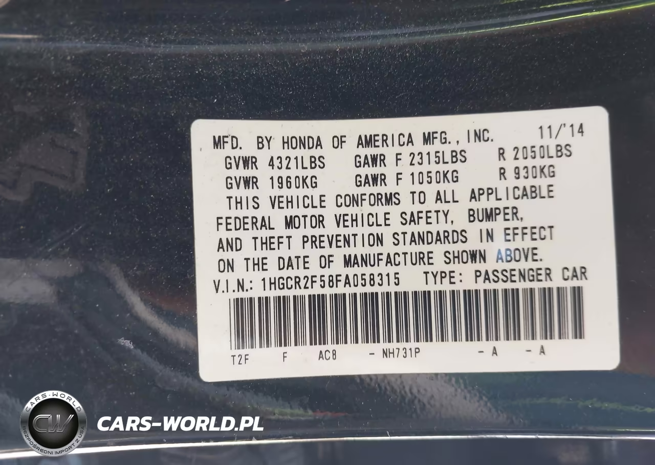 2015 Honda Accord Sport VIN:1HGCR2F58FA058315 - 9
