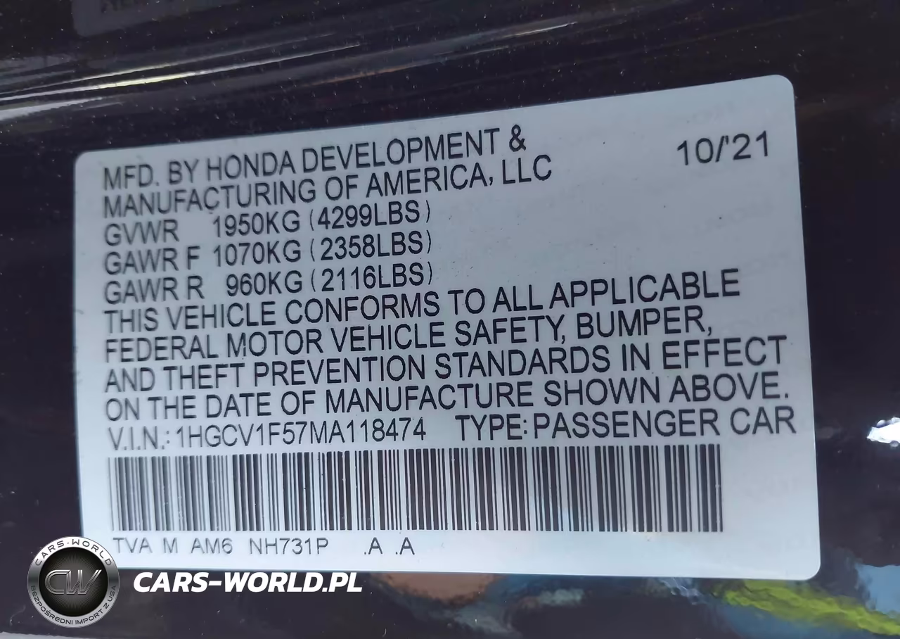 2021 Honda Accord Ex-L VIN:1HGCV1F57MA118474 - 9