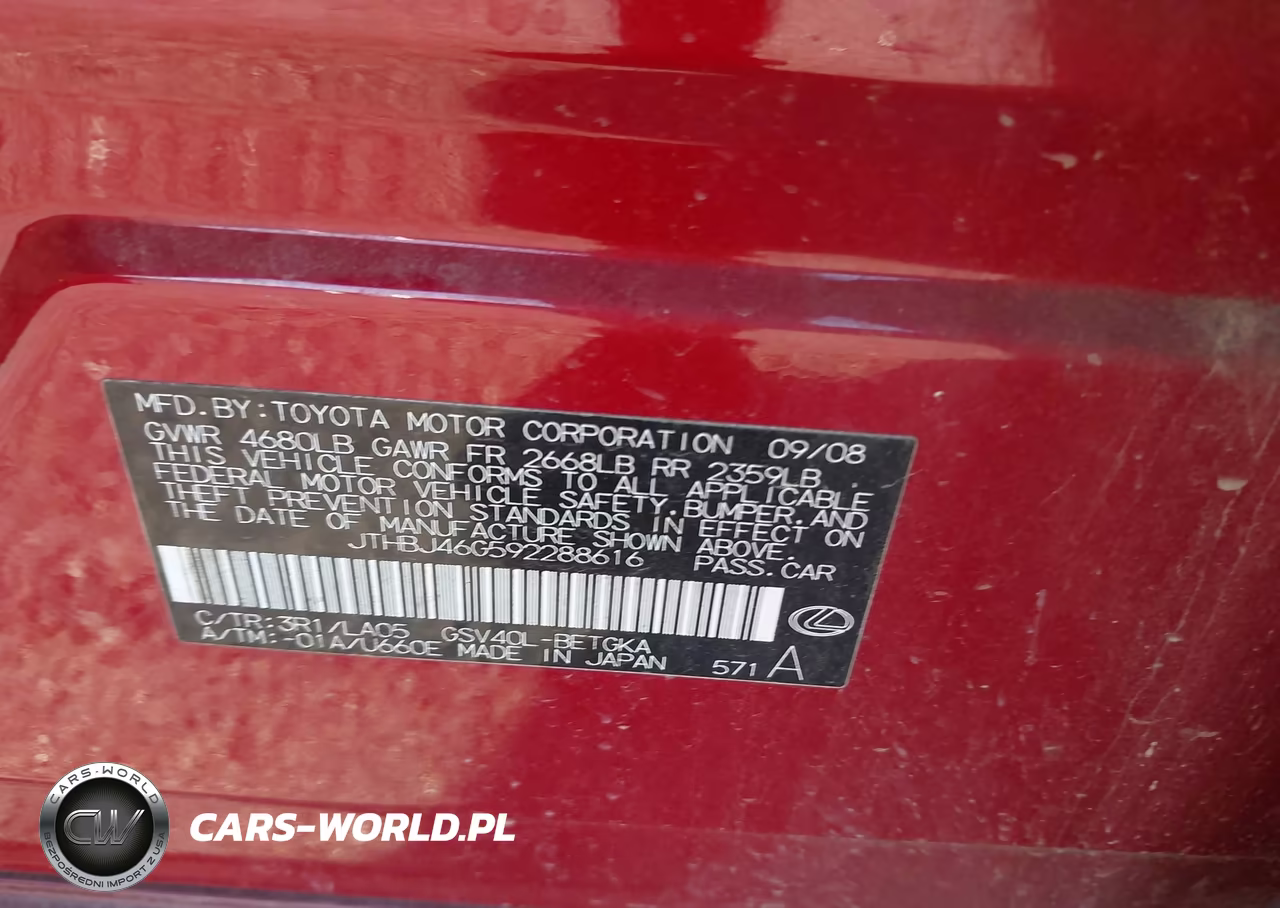 2009 Lexus Es 350 VIN:JTHBJ46G592288616 - 9