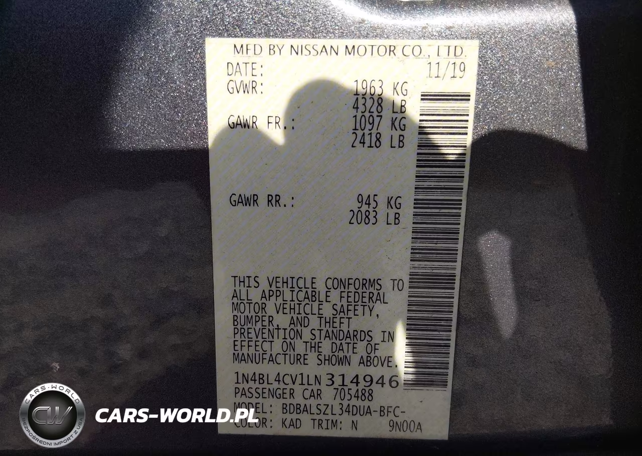 2020 Nissan Altima Sr Fwd VIN:1N4BL4CV1LN314946 - 9