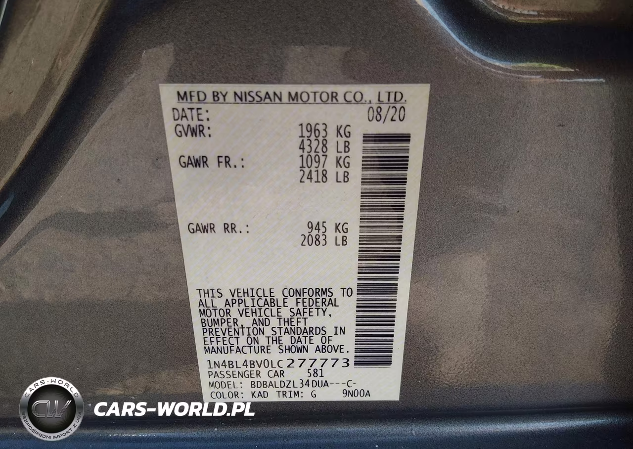 2020 Nissan Altima S Fwd VIN:1N4BL4BV0LC277773 - 9