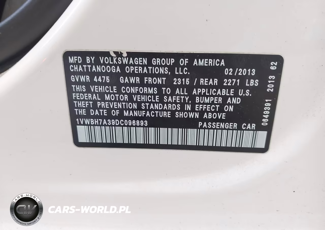 2013 Volkswagen Passat 2.5L Se VIN:1VWBH7A39DC096893 - 9