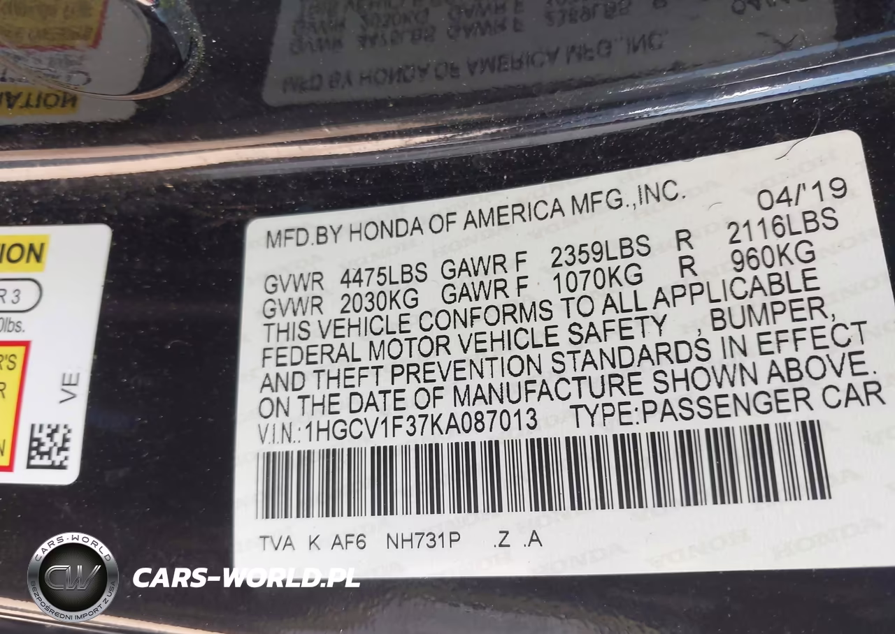 2019 Honda Accord Sport VIN:1HGCV1F37KA087013 - 9