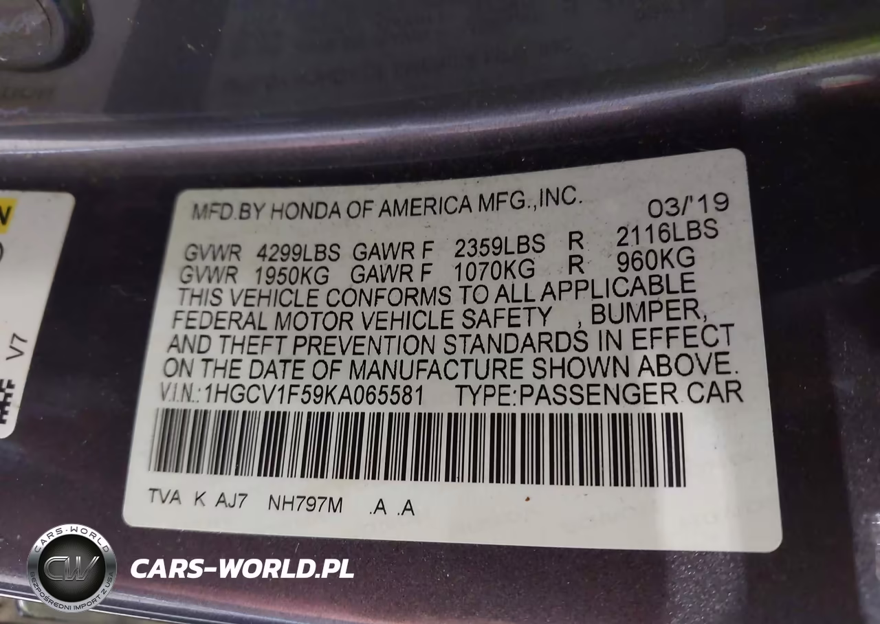 2019 Honda Accord Ex-L VIN:1HGCV1F59KA065581 - 9