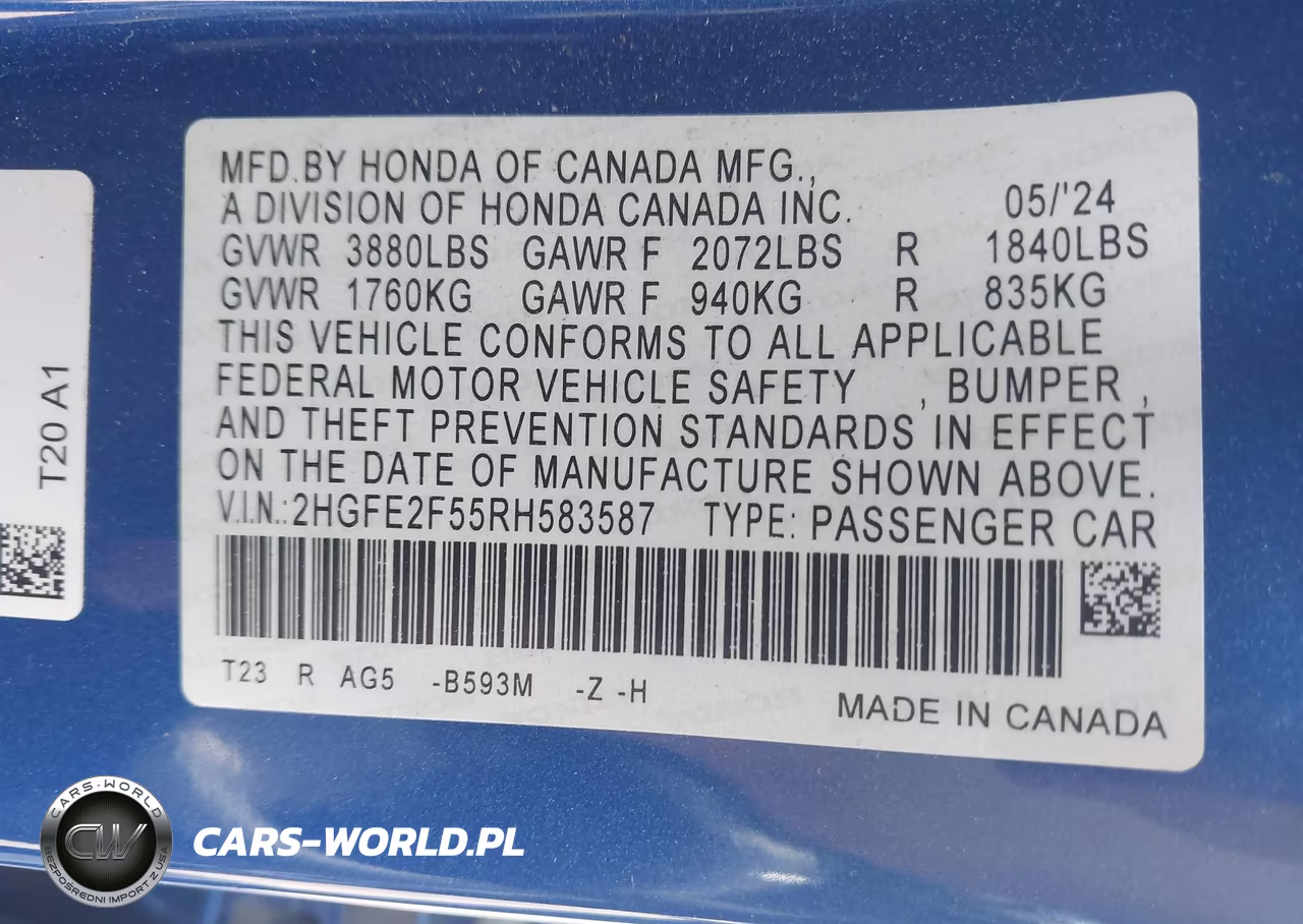 2024 Honda Civic Sport VIN:2HGFE2F55RH583587 - 9