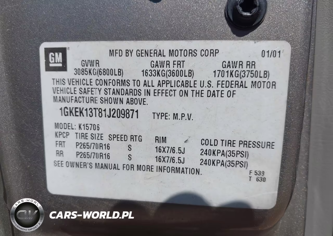 2001 GMC Yukon Slt VIN:1GKEK13T81J209871 - 9