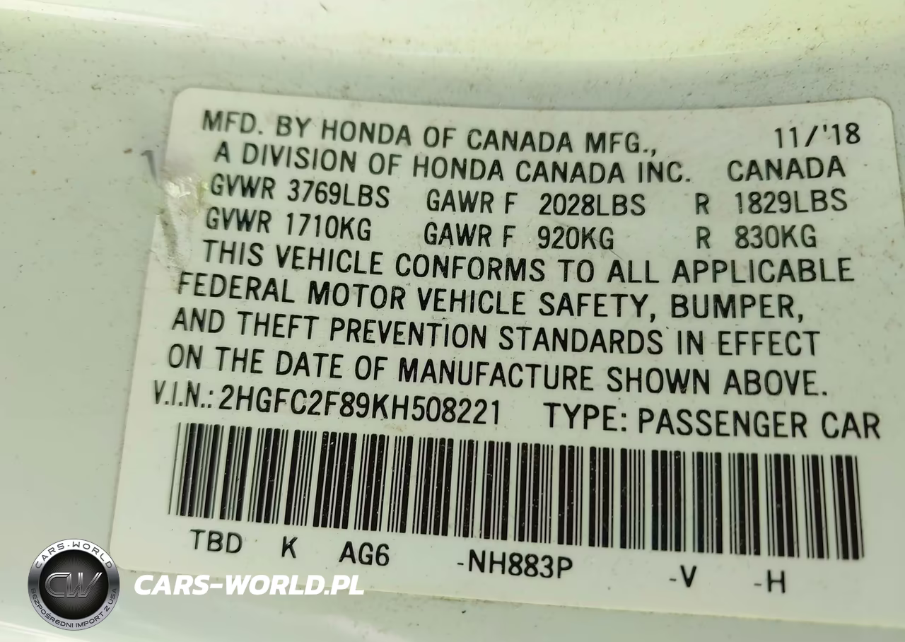 2019 Honda Civic Sport VIN:2HGFC2F89KH508221 - 9