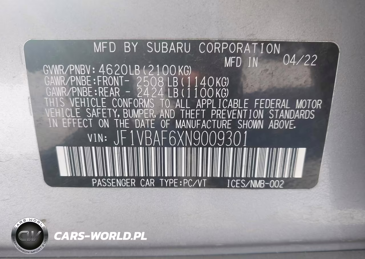 2022 Subaru Wrx Premium VIN:JF1VBAF6XN9009301 - 9