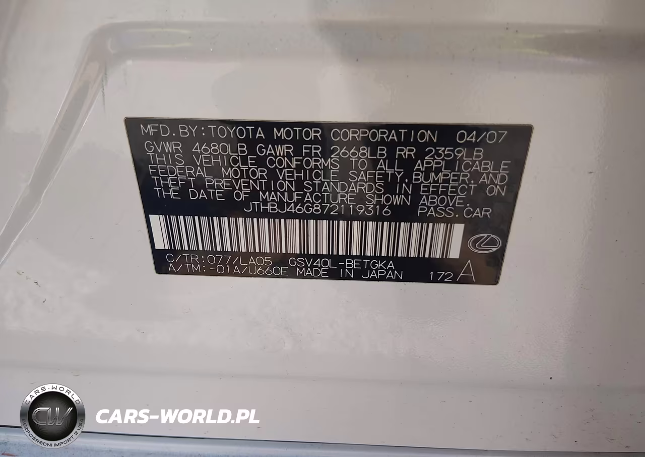 2007 Lexus Es 350 VIN:JTHBJ46G872119316 - 9