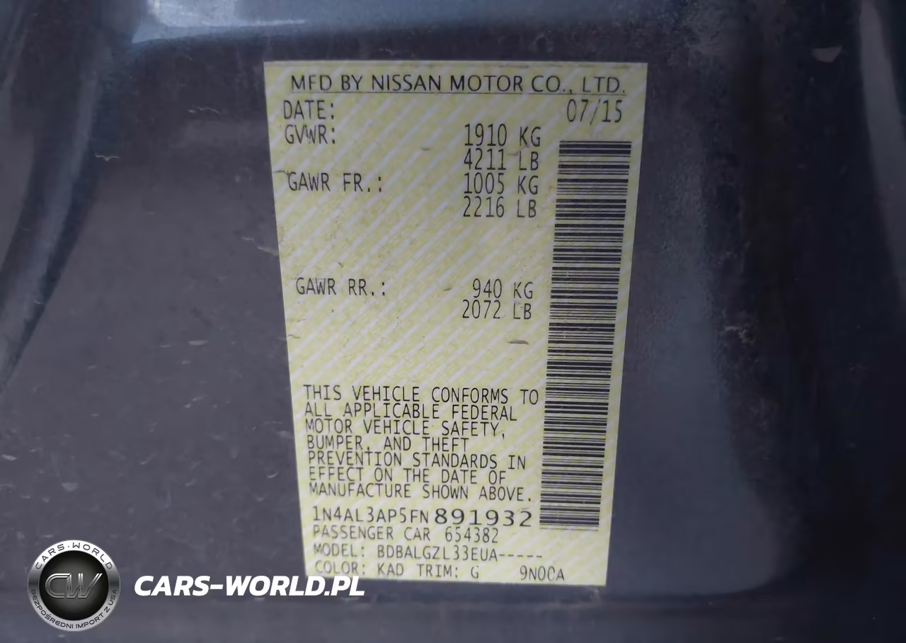2015 Nissan Altima 2.5-2.5 S-2.5 Sl-2.5 Sv VIN:1N4AL3AP5FN891932 - 9