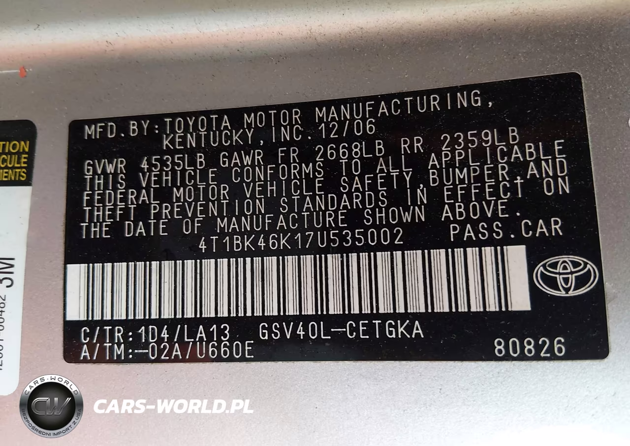 2007 Toyota Camry Xle V6 VIN:4T1BK46K17U535002 - 9