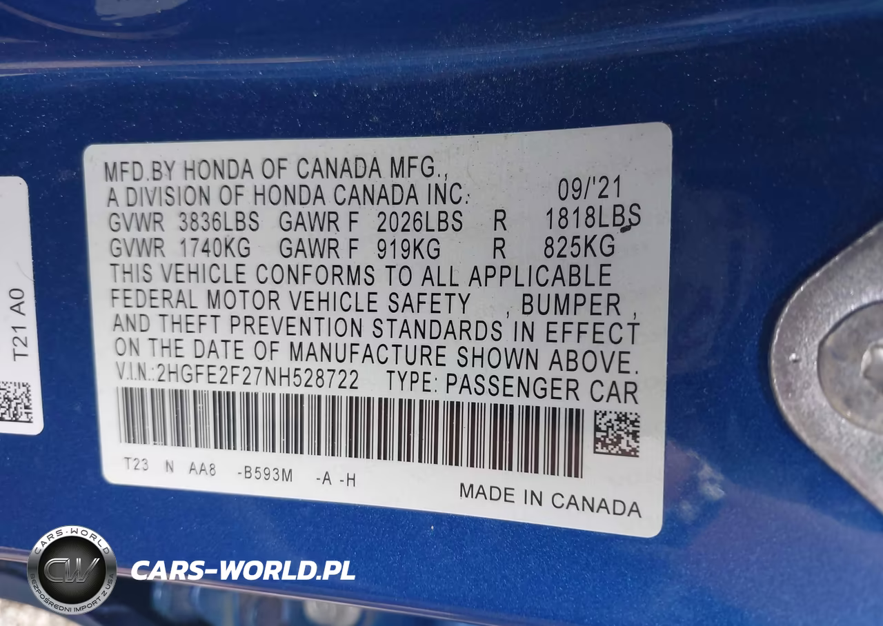 2022 Honda Civic Lx VIN:2HGFE2F27NH528722 - 9