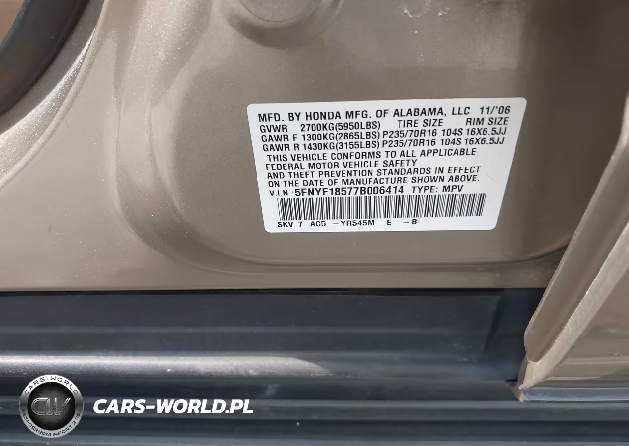 2007 Honda Pilot Ex-L VIN:5FNYF18577B006414 - 9