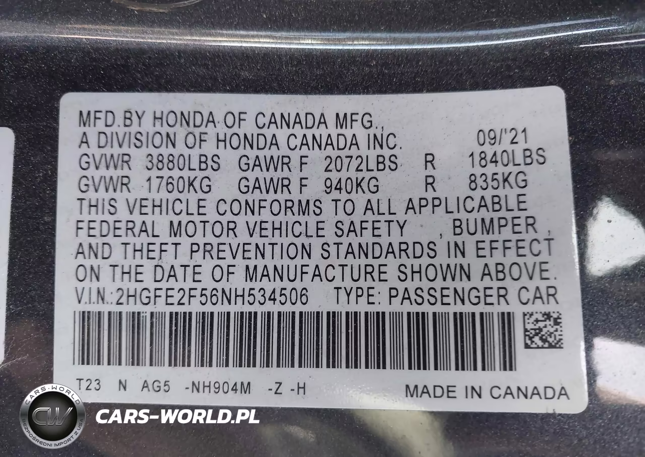 2022 Honda Civic Sport VIN:2HGFE2F56NH534506 - 9