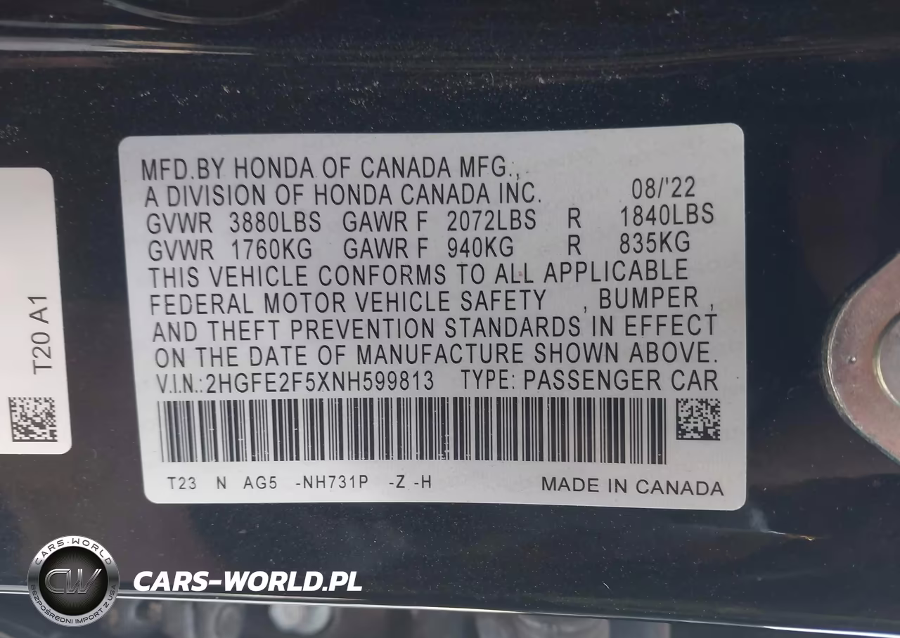 2022 Honda Civic Sport VIN:2HGFE2F5XNH599813 - 9