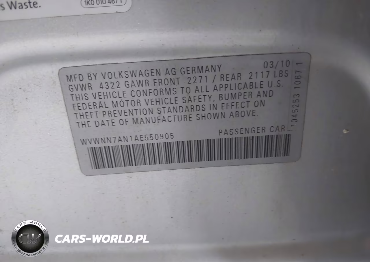 2010 Volkswagen Cc Sport VIN:WVWNN7AN1AE550905 - 9