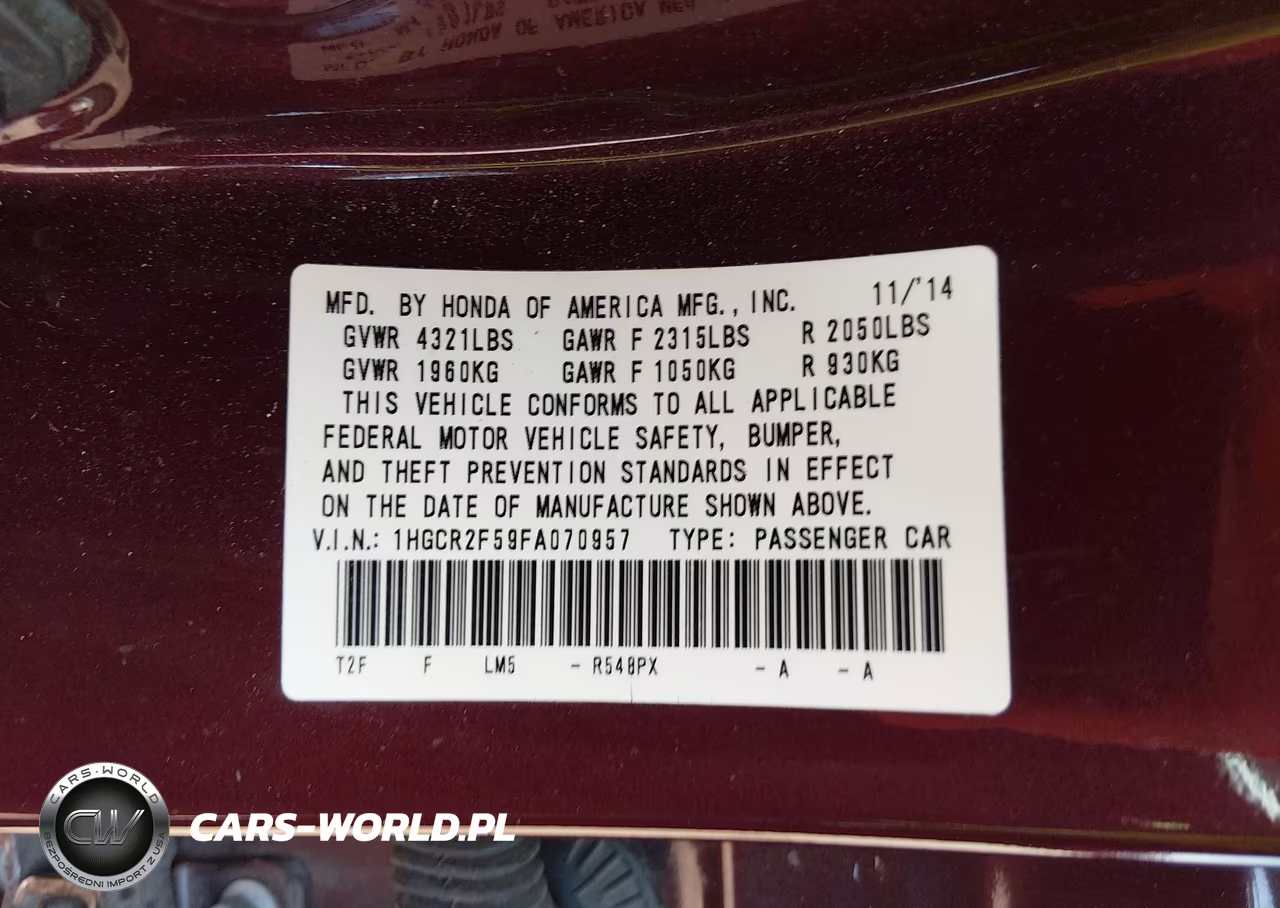 2015 Honda Accord Sport VIN:1HGCR2F59FA070957 - 9