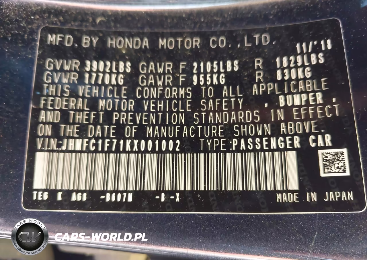 2019 Honda Civic Ex-L VIN:JHMFC1F71KX001002 - 9