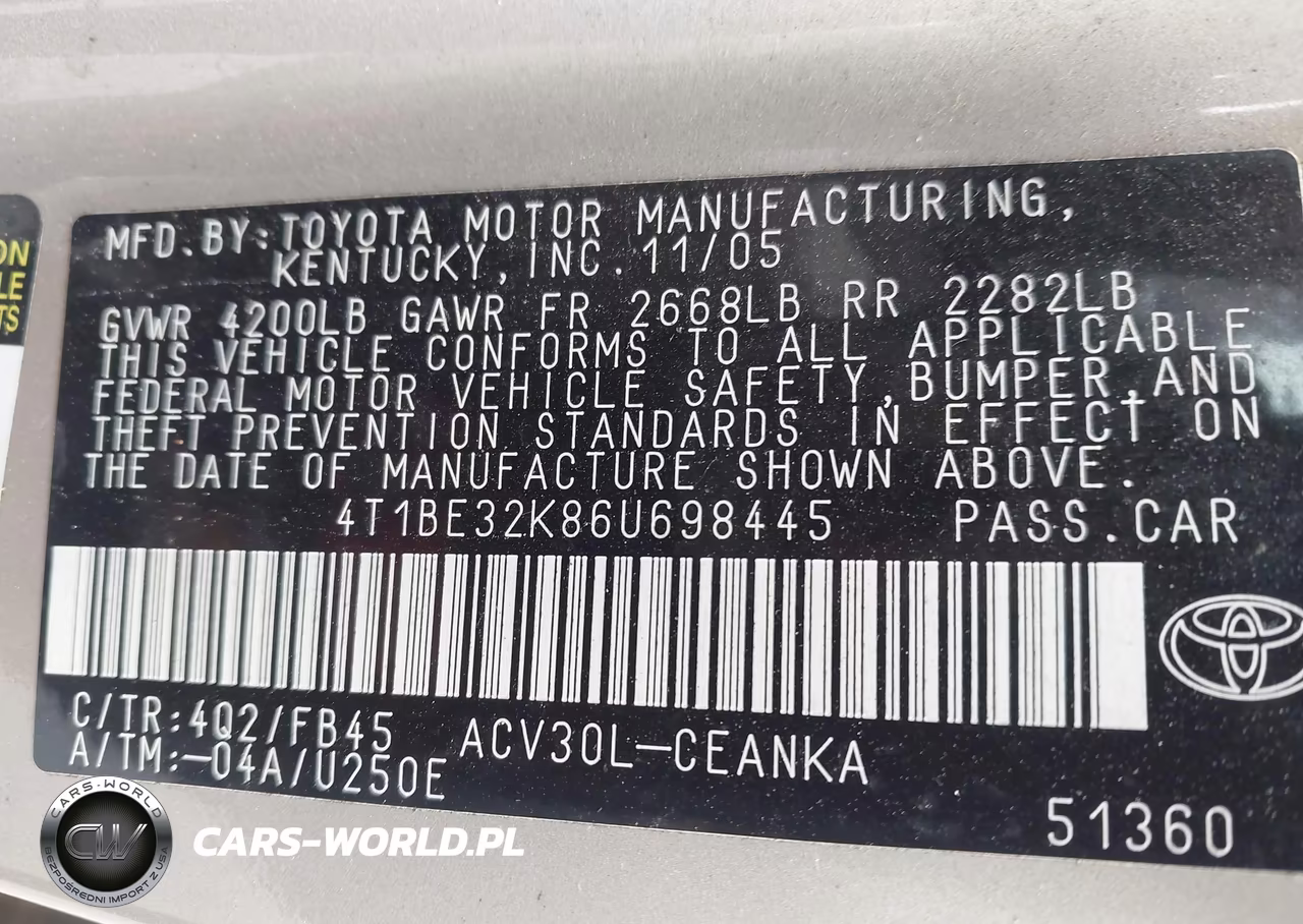 2006 Toyota Camry Std VIN:4T1BE32K86U698445 - 9