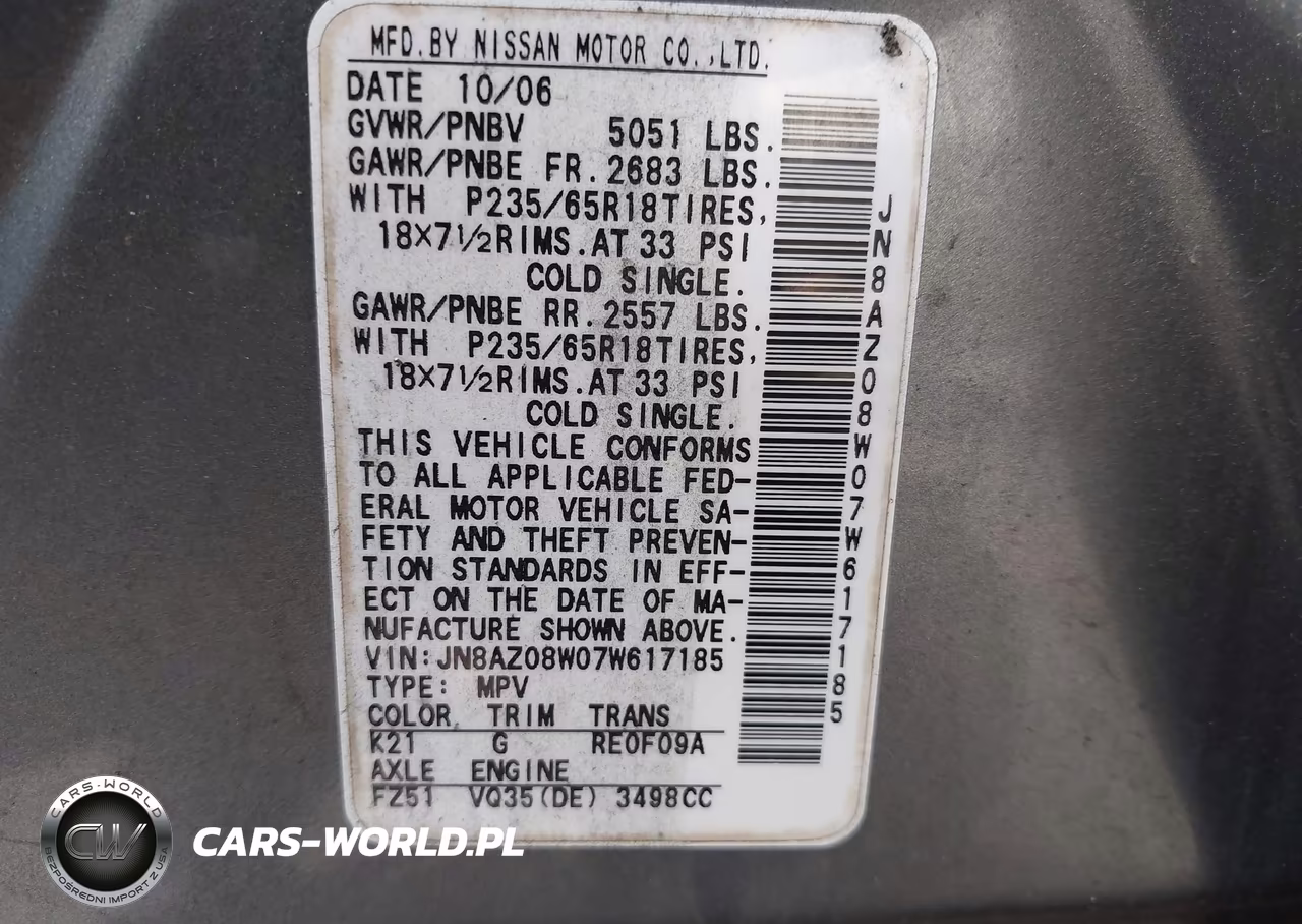 2007 Nissan Murano Se VIN:JN8AZ08W07W617185 - 9