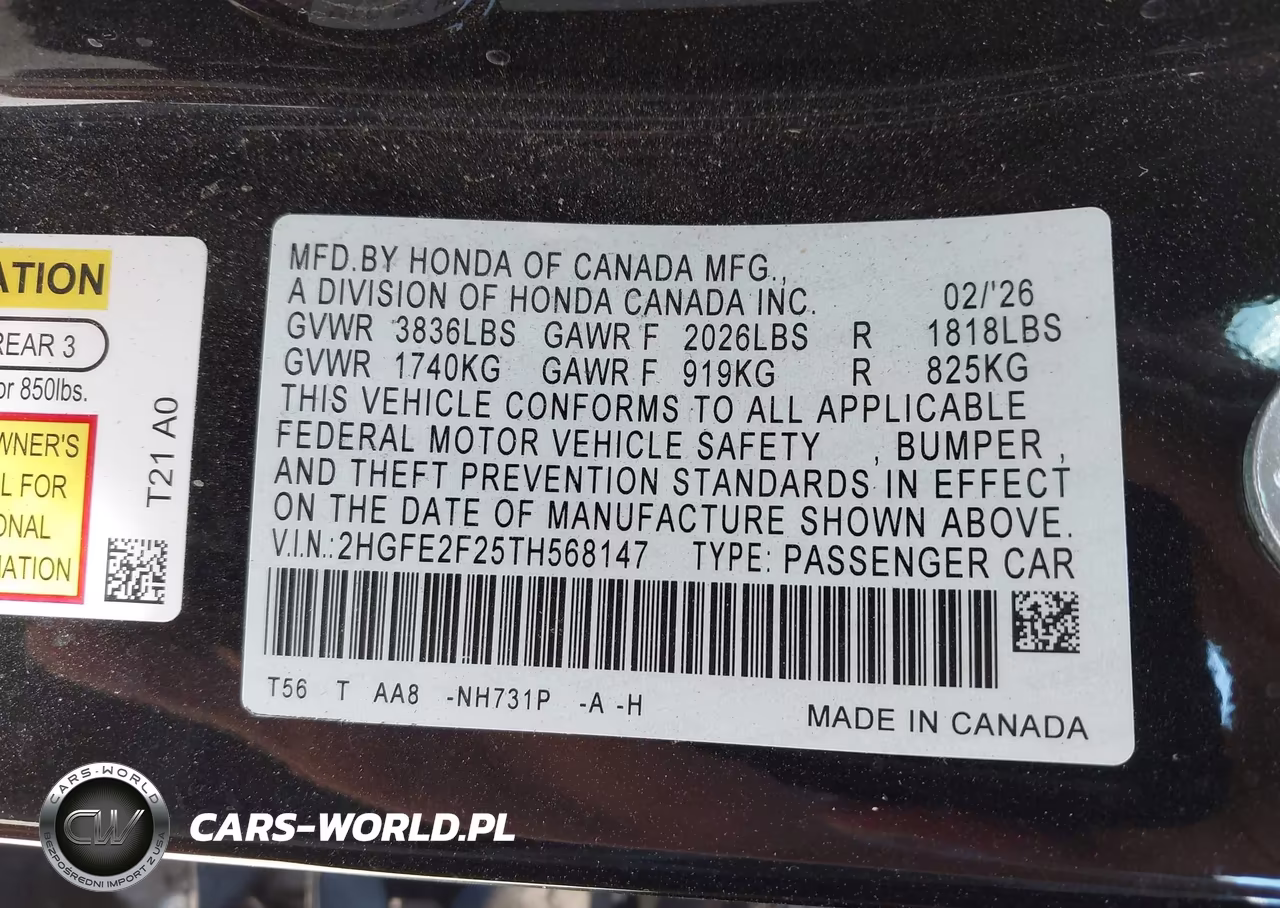 2026 Honda Civic Lx VIN:2HGFE2F25TH568147 - 9