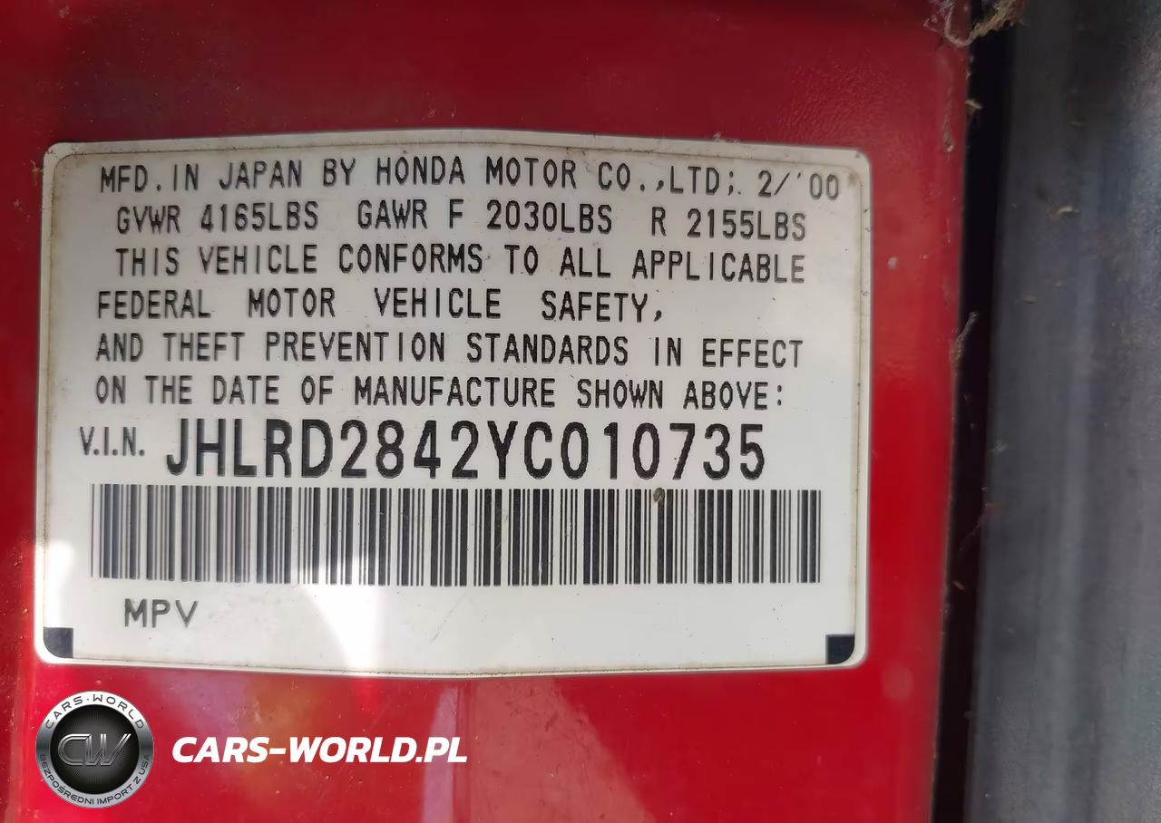 2000 Honda Cr-V Lx VIN:JHLRD2842YC010735 - 9