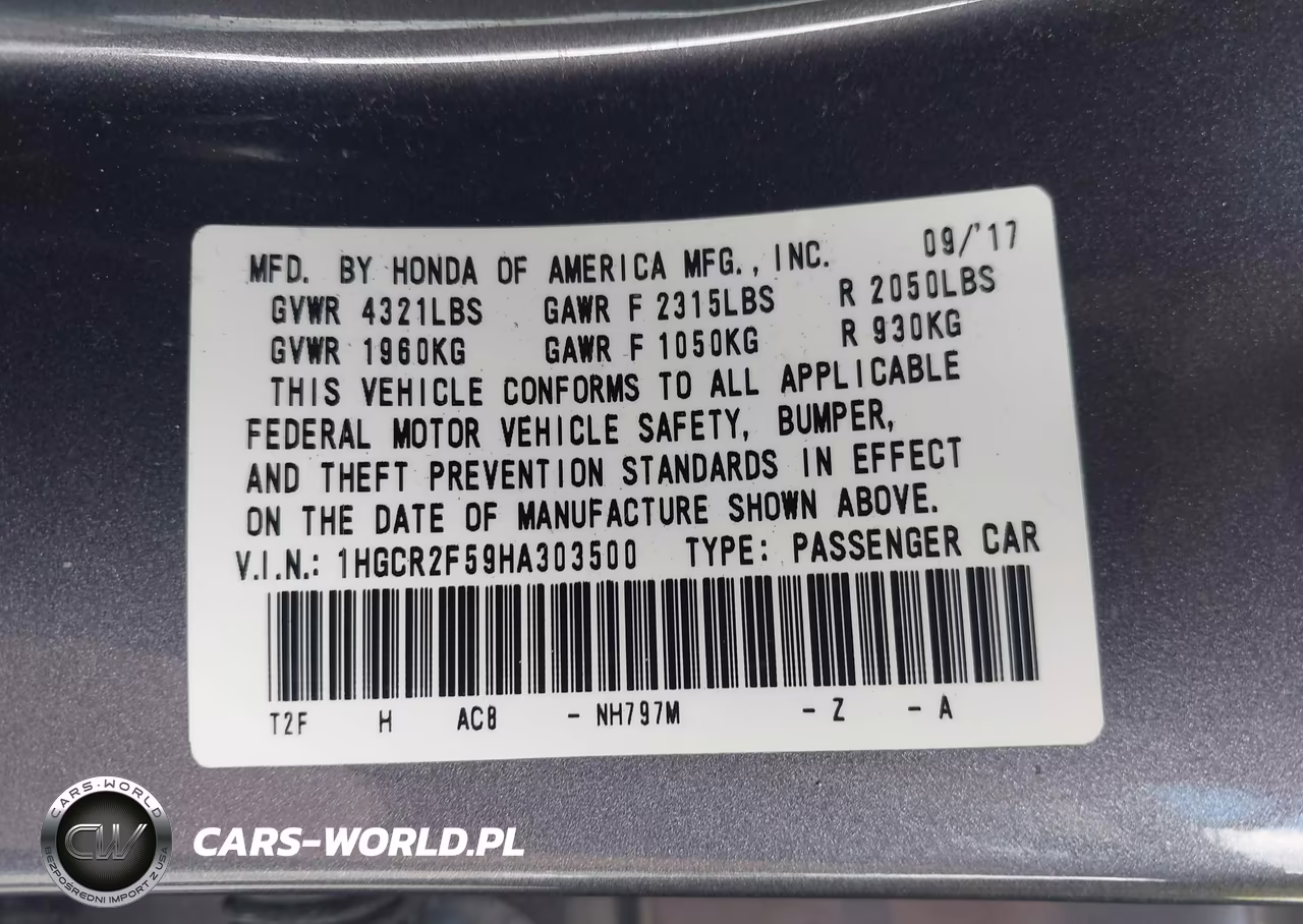 2017 Honda Accord Sport VIN:1HGCR2F59HA303500 - 9