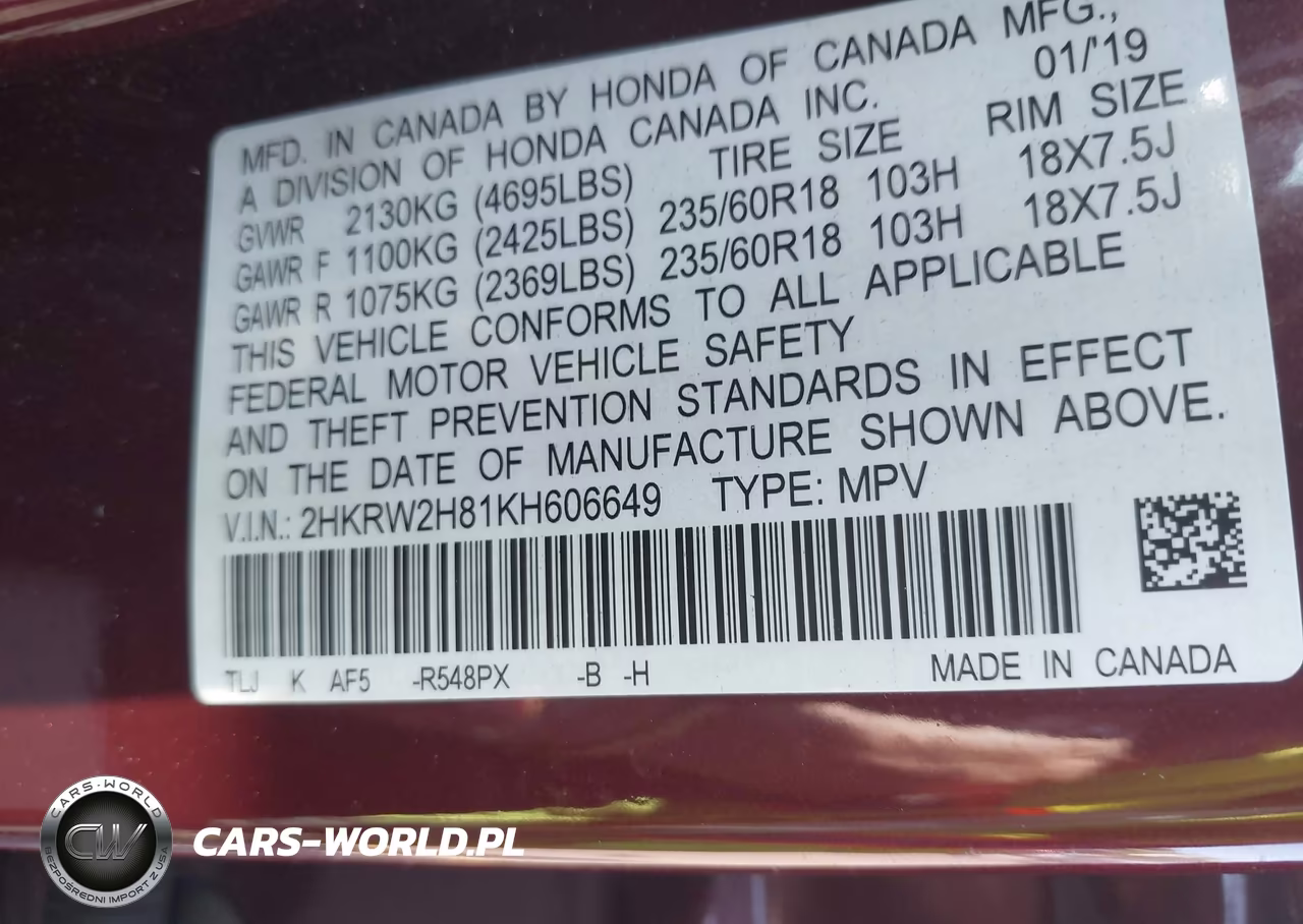 2019 Honda Cr-V Ex-L VIN:2HKRW2H81KH606649 - 9