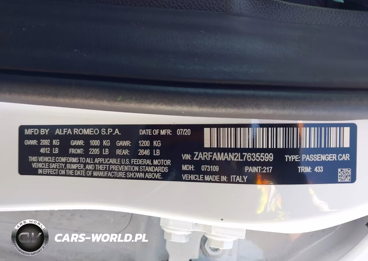 2020 Alfa Romeo Giulia Rwd VIN:ZARFAMAN2L7635599 - 9