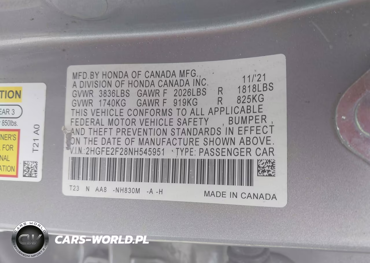2022 Honda Civic Lx VIN:2HGFE2F28NH545951 - 9