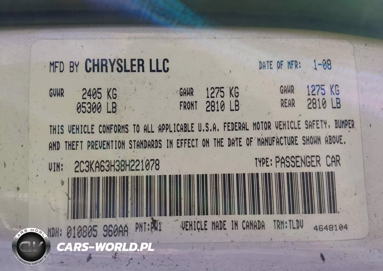 2008 Chrysler 300C VIN:2C3KA63H38H221078 - 9