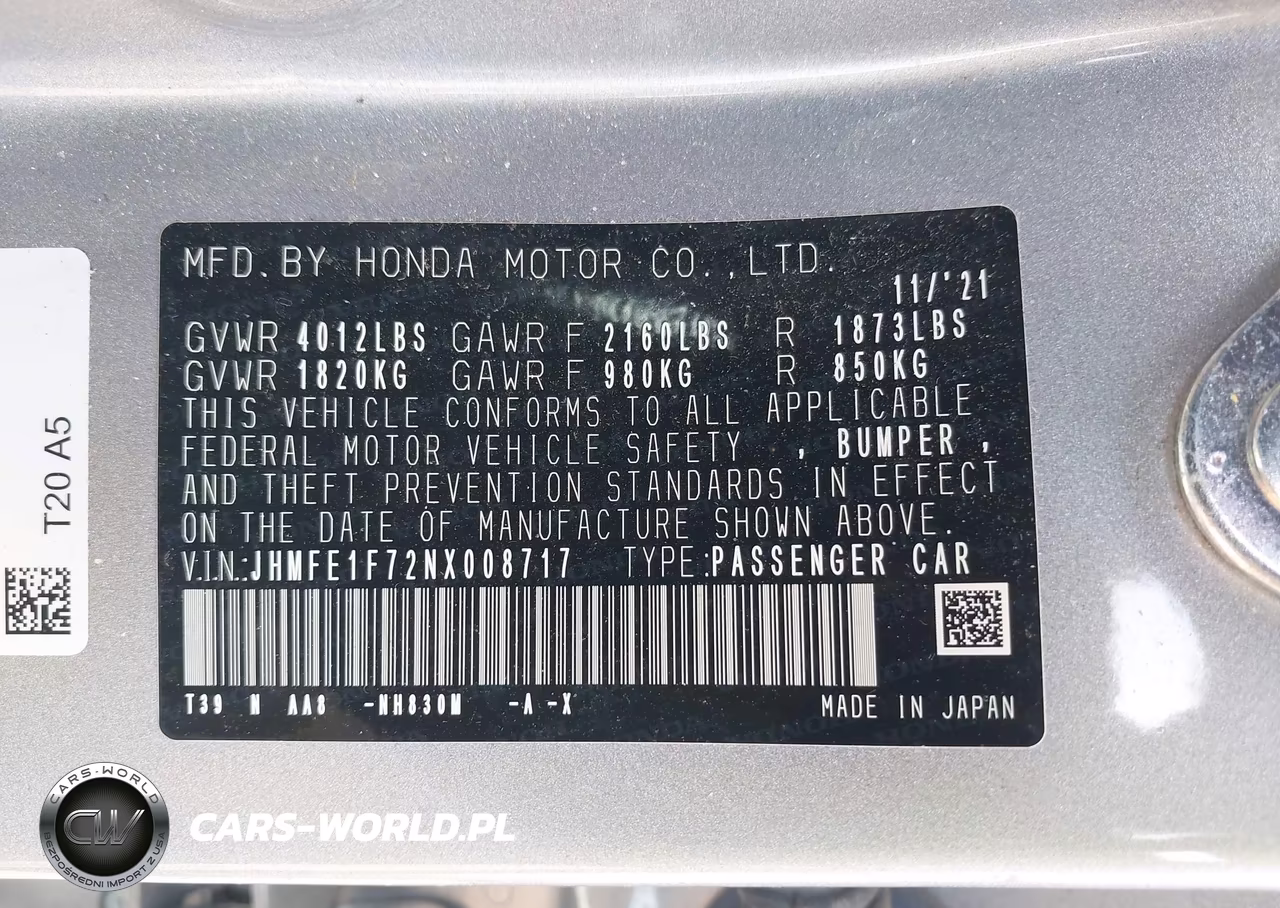 2022 Honda Civic Ex VIN:JHMFE1F72NX008717 - 9