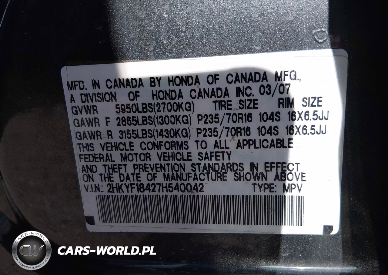 2007 Honda Pilot Ex VIN:2HKYF18427H540042 - 9