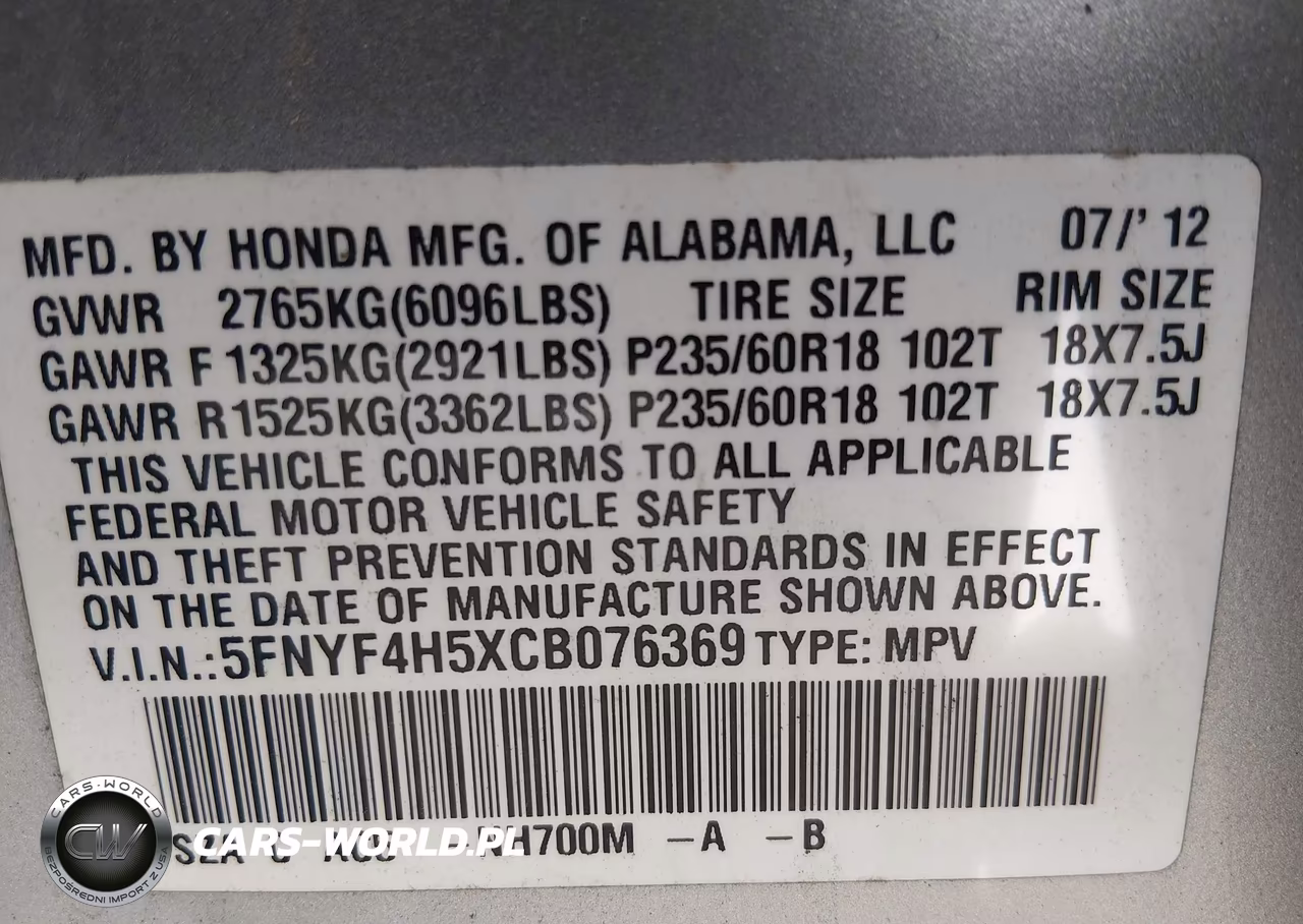2012 Honda Pilot Ex-L VIN:5FNYF4H5XCB076369 - 9