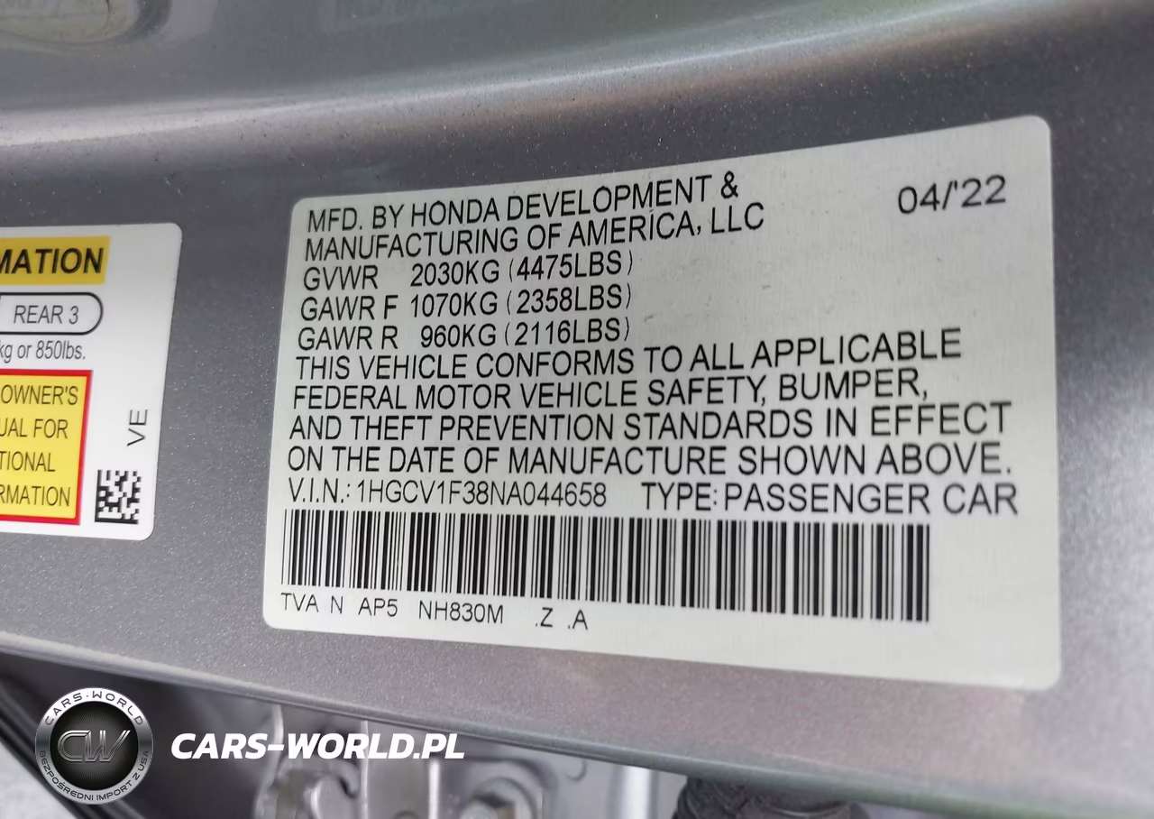 2022 Honda Accord Sport VIN:1HGCV1F38NA044658 - 9