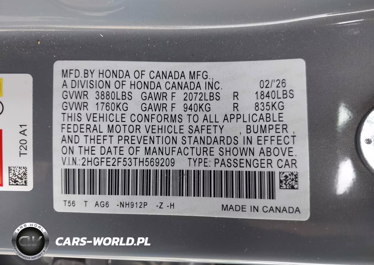 2026 Honda Civic Sport VIN:2HGFE2F53TH569209 - 9
