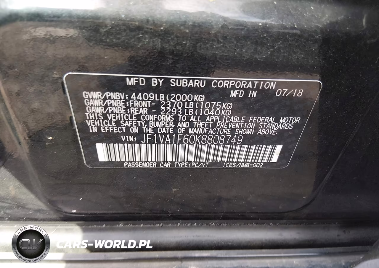 2019 Subaru Wrx Premium VIN:JF1VA1F60K8808749 - 7