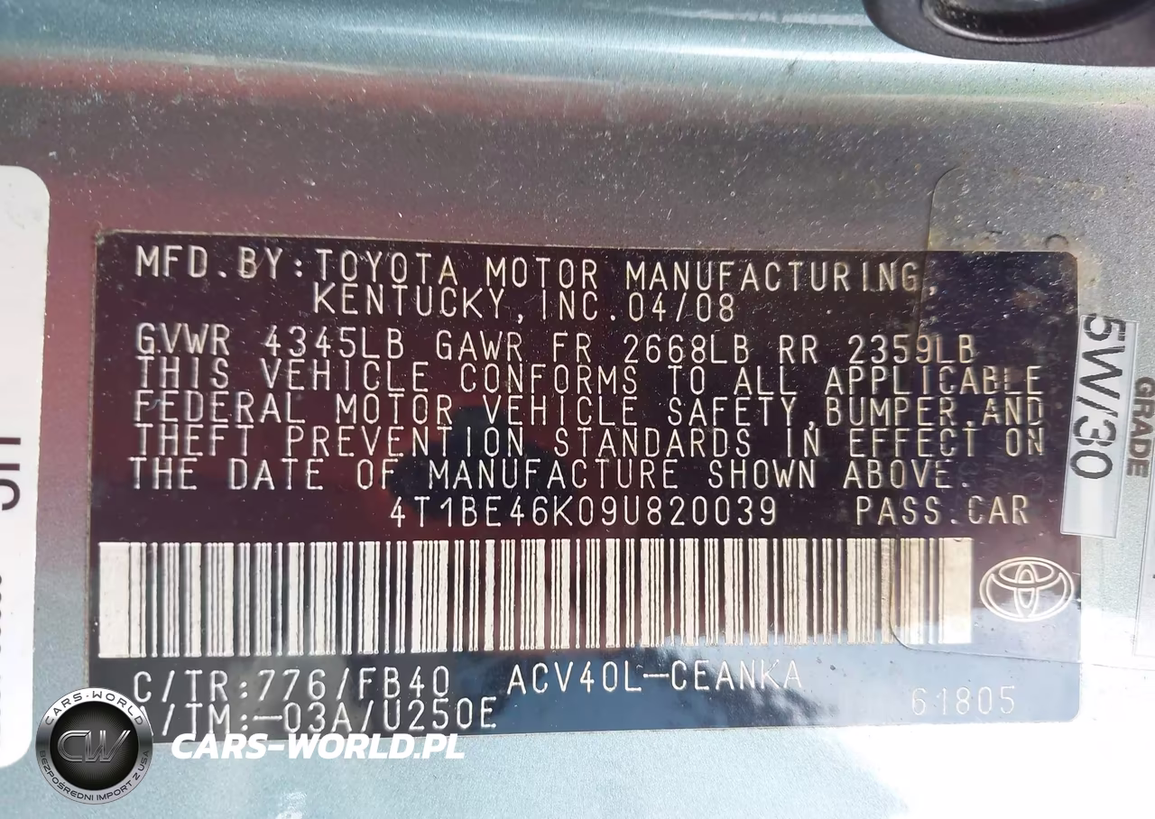 2009 Toyota Camry Le VIN:4T1BE46K09U820039 - 9